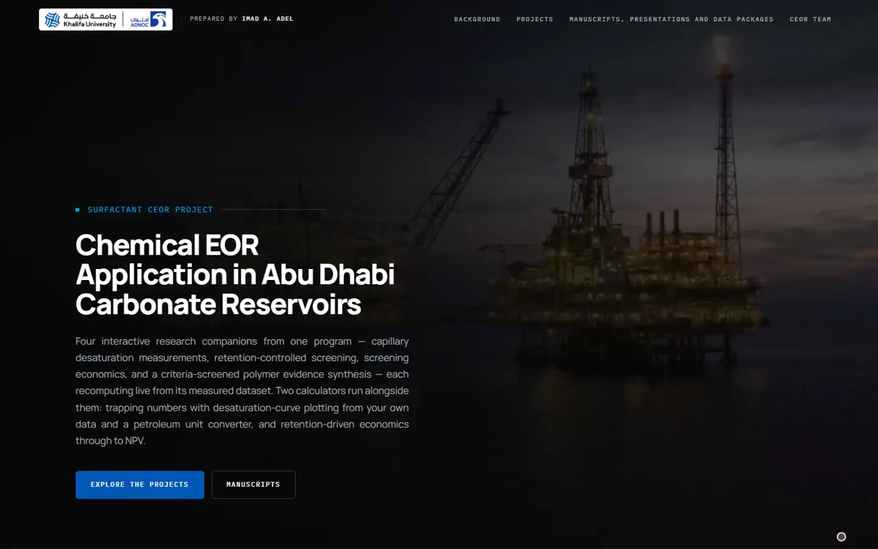 Surfactant CEOR Project opening page with an offshore-platform film and the carbonate-reservoir research introduction.