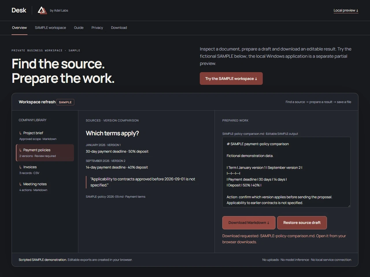 Desk opening page with the LINK header and the public SAMPLE document and proposal workspace.