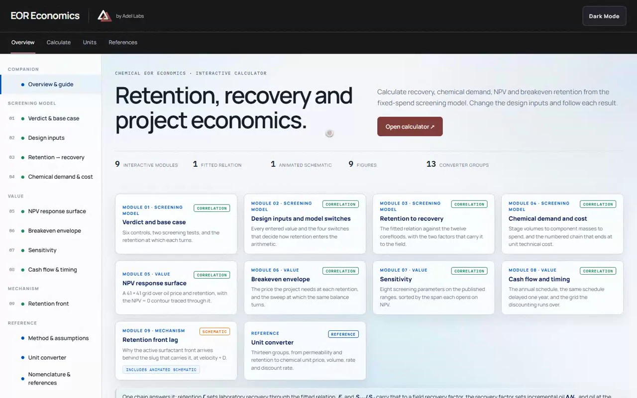 EOR Economics opening page with the LINK header, screening introduction and calculation modules.