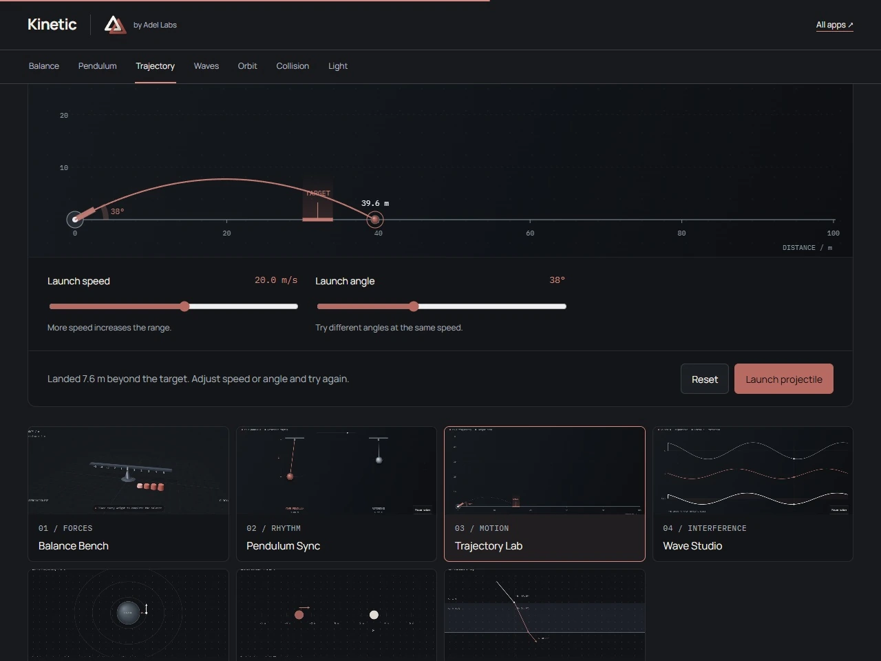 Kinetic Orbit Lab with a running orbit model, trajectory and experiment controls.
