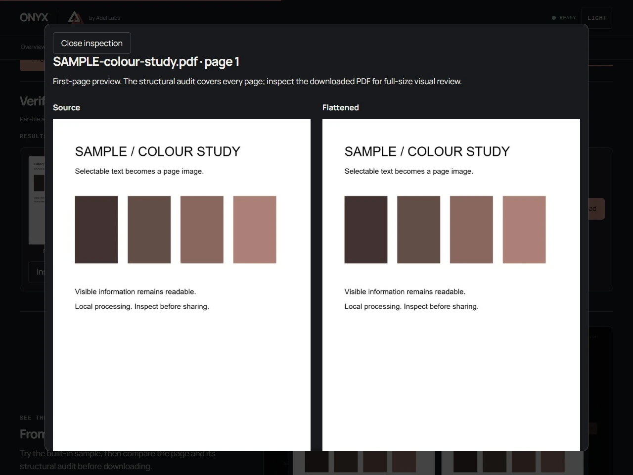 ONYX inspection dialog showing the SAMPLE source PDF beside its flattened first-page output.