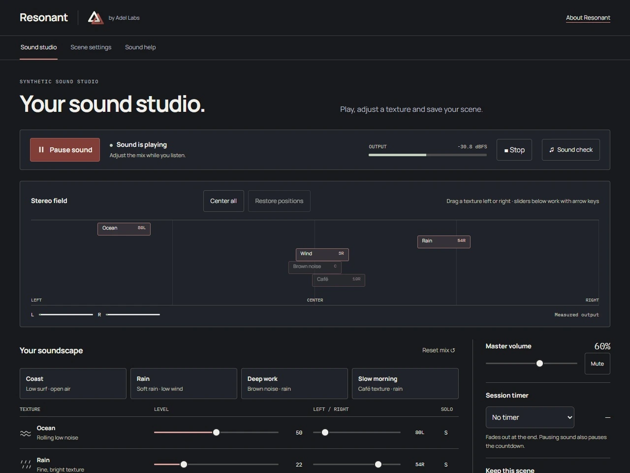 Resonant sound studio with stereo placement, texture level and pan controls, and active output meters.